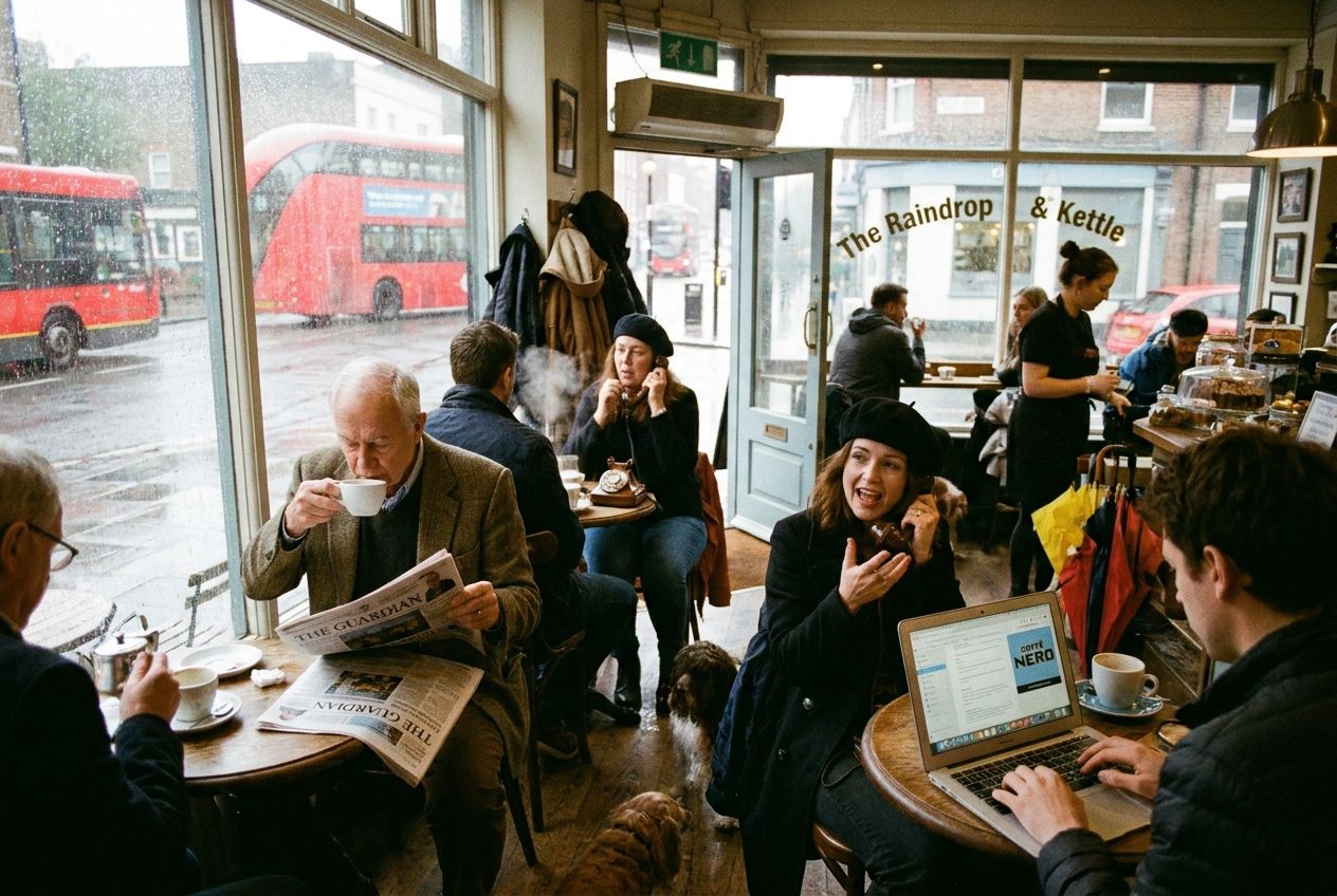 A candid, wide-angle photograph inside a bustling, cozy British cafe on a rainy afternoon. People are engaged in various activities: a person is sipping tea and reading a newspaper, another is talking animatedly on a vintage phone, and someone else is working on a laptop. Rain streaks are visible on the window in the background, adding to the atmosphere, captured with natural light in a 3:2 landscape aspect ratio.