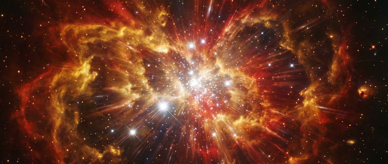 A dramatic wide-angle photograph of a colossal, vibrant nebula, with brilliant new stars bursting forth and radiating light outwards, conveying an overwhelming sense of cosmic expansion and creation. The scene is bathed in a warm, ancient glow, hinting at the universe's fiery origins.