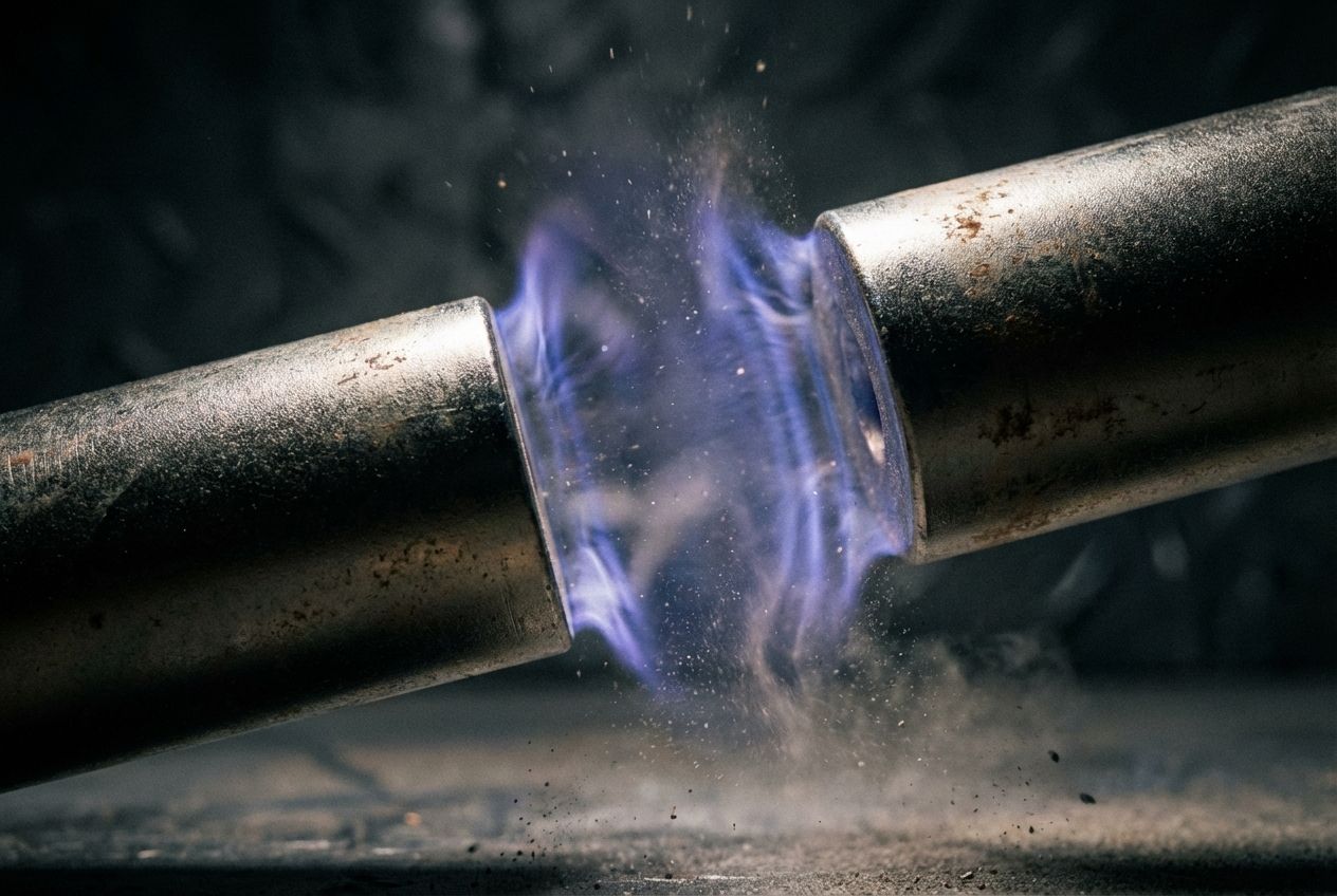 A dramatic, extreme close-up, 3:2 landscape photograph of two powerful, cylindrical neodymium magnets suspended in mid-air, intensely repelling each other. A subtle, ethereal glow or distortion suggests the invisible magnetic field creating a strong force between them, with dramatic, high-contrast lighting.
