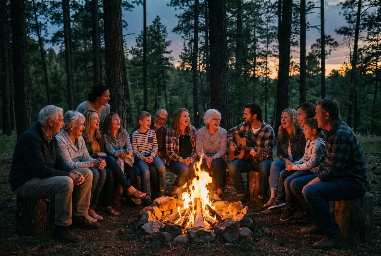 A diverse group of friends and family members, ranging in age, are gathered closely around a warm, crackling campfire in a tranquil forest at dusk. Their faces are illuminated by the flickering orange light, some sharing laughter, others listening intently, embodying deep connection and shared moments in a striking 3:2 landscape photograph.