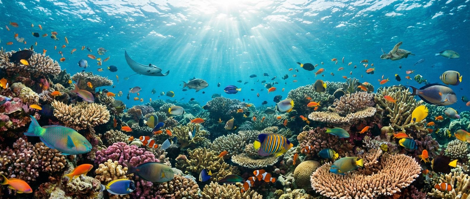 A vibrant, wide-angle photograph of a healthy coral reef, teeming with an incredible diversity of colorful fish and marine life, showcasing a stunning array of shapes, sizes, and patterns. Sunlight filters down from the surface, illuminating the rich ecosystem.