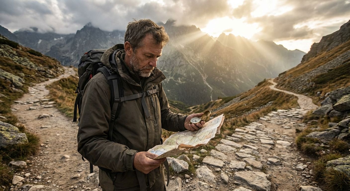 A determined explorer stands at a crossroads on a winding, ancient path through a rugged mountain pass, intently studying a crumpled map and compass. Dramatic light filters through the peaks as the explorer weighs diverging routes and makes a crucial navigational decision.