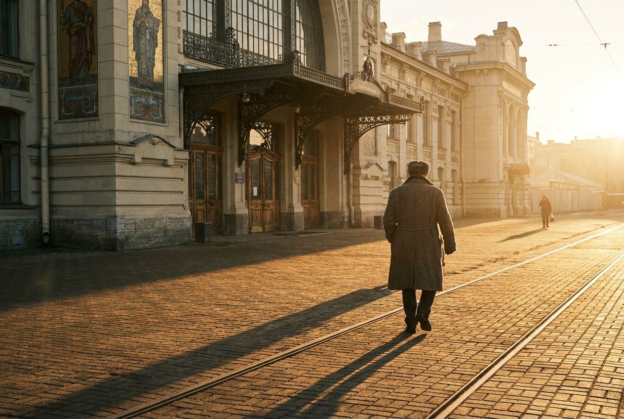 A lone figure walks away from the grand, ornate entrance of a historic Russian train station, their back slightly turned as warm, golden hour light casts long shadows across the cobblestones, captured in a vivid 3:2 landscape photograph.