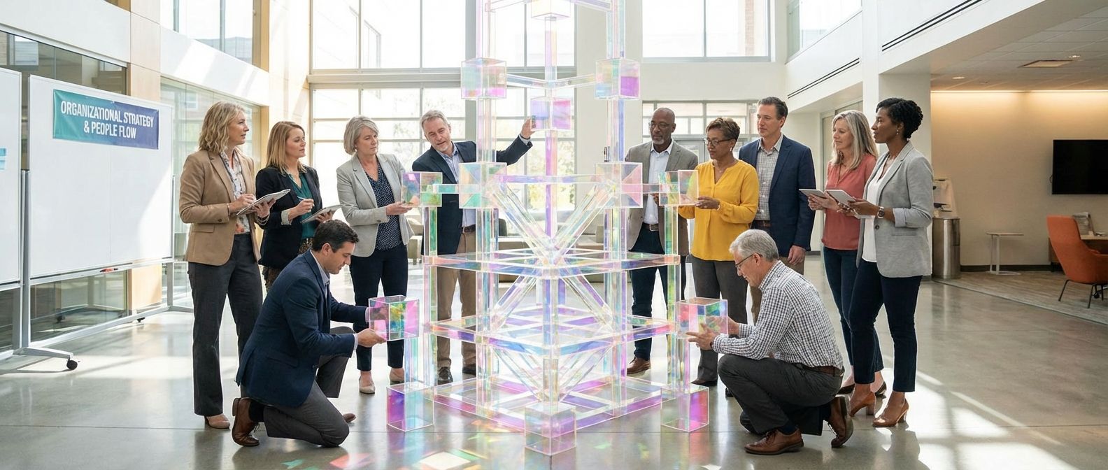 A wide-angle, dramatic photograph of a diverse team of professionals in a modern, bright workspace, thoughtfully arranging and connecting a large, abstract sculpture made of translucent, interconnected geometric blocks. The sculpture has both clearly defined vertical layers and expansive horizontal sections, symbolizing the complexities of organizational structures and strategic human resource decisions.