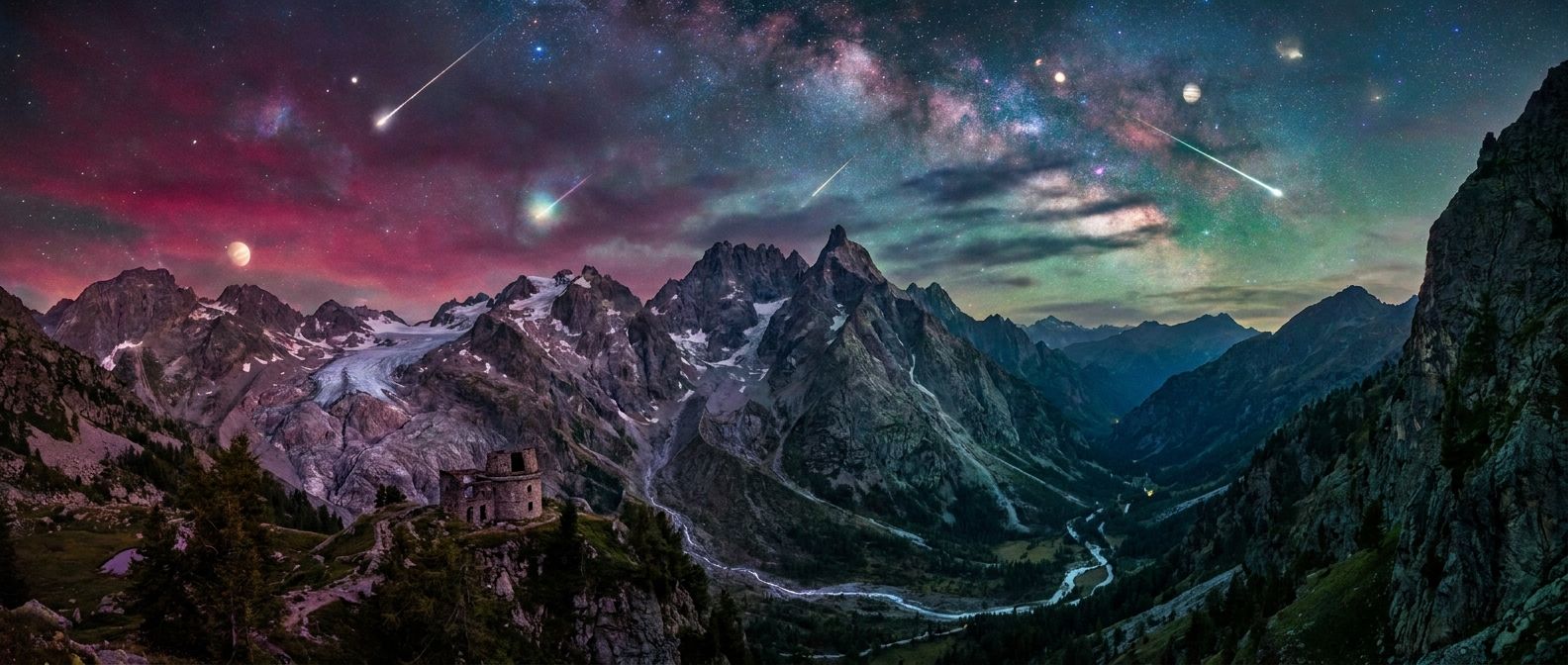 A wide-angle, dramatic photograph of an ancient, rugged mountain range at twilight, under a vast, dynamic night sky. Streaks of light from visible planets or a meteor shower arc across the celestial expanse, casting subtle, shifting hues over the timeless peaks below, evoking the profound cycles of cosmic influence and change.