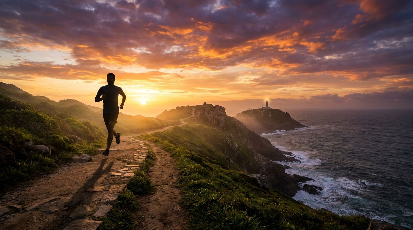A dynamic wide-angle photograph of a lone runner silhouetted against a vibrant Brazilian sunrise on a winding coastal path, with the path stretching into the distance and the ocean visible. The scene conveys a sense of beginning a journey, progression, and eventual completion.