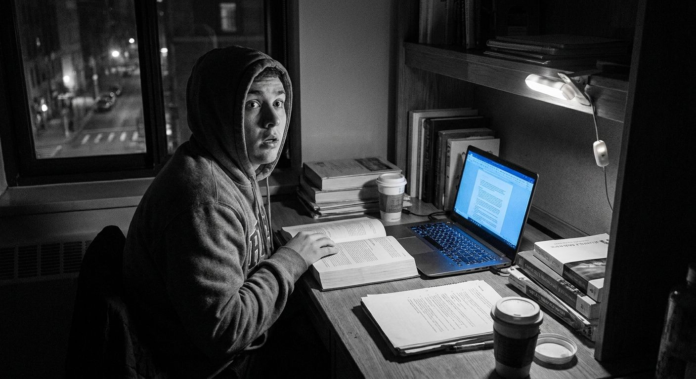 A dramatic photograph captures a student intently focused on reading a book at a well-lit desk, surrounded by stacks of books and notes. In a sudden, unexpected moment, the room plunges into darkness, with only the faint glow of a laptop screen or a small desk lamp illuminating their startled face, vividly portraying the abrupt interruption of their study.