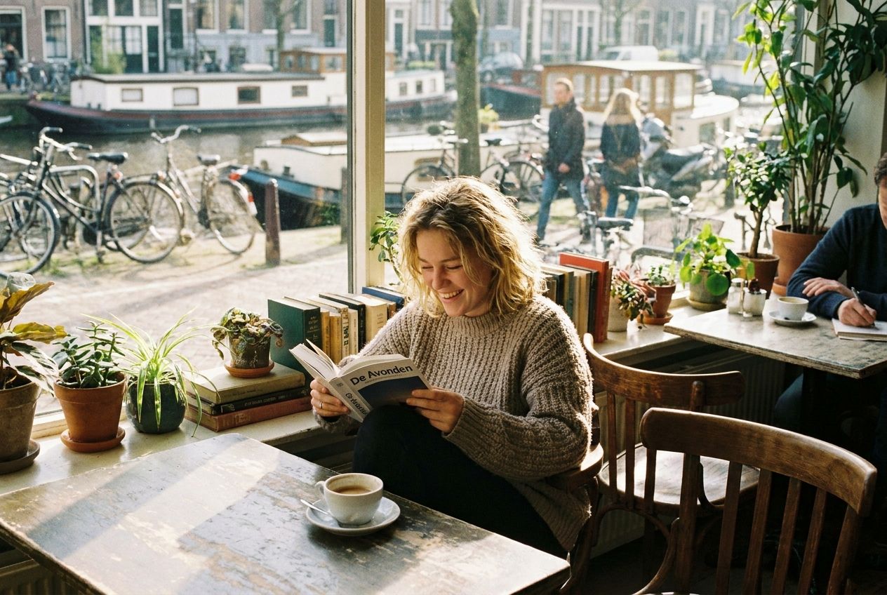 A candid photograph of a young Dutch woman sitting comfortably in a sunlit canal-side café in Amsterdam, completely engrossed in reading a book, with a steaming cup of coffee beside her. The scene should convey a sense of peaceful activity and typical Dutch `gezelligheid`, composed for a 3:2 landscape frame.
