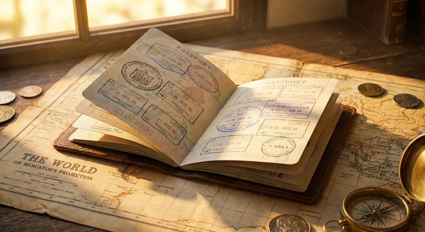 The image has a warm, vintage style. The primary subjects are an open passport filled with stamps, an antique world map, scattered coins, and a brass compass. The passport lies open on top of the map, dominating the center of the composition. Sunlight streams in from a window at the top of the frame, casting light across the scene, creating shadows and highlights. The color palette consists mainly of warm browns, yellows, and creams, with accents of the colors in the stamps on the passport. The arrangement evokes a sense of travel, exploration, and nostalgia.