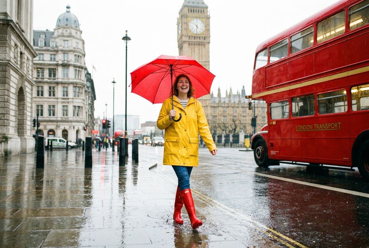 A person walks cheerfully under a vibrant red umbrella on a slightly rainy street in London, with classic British architecture and a double-decker bus visible in the background. The scene is bright and optimistic, highlighting enjoyment and resilience despite the weather in a 3:2 landscape photograph.