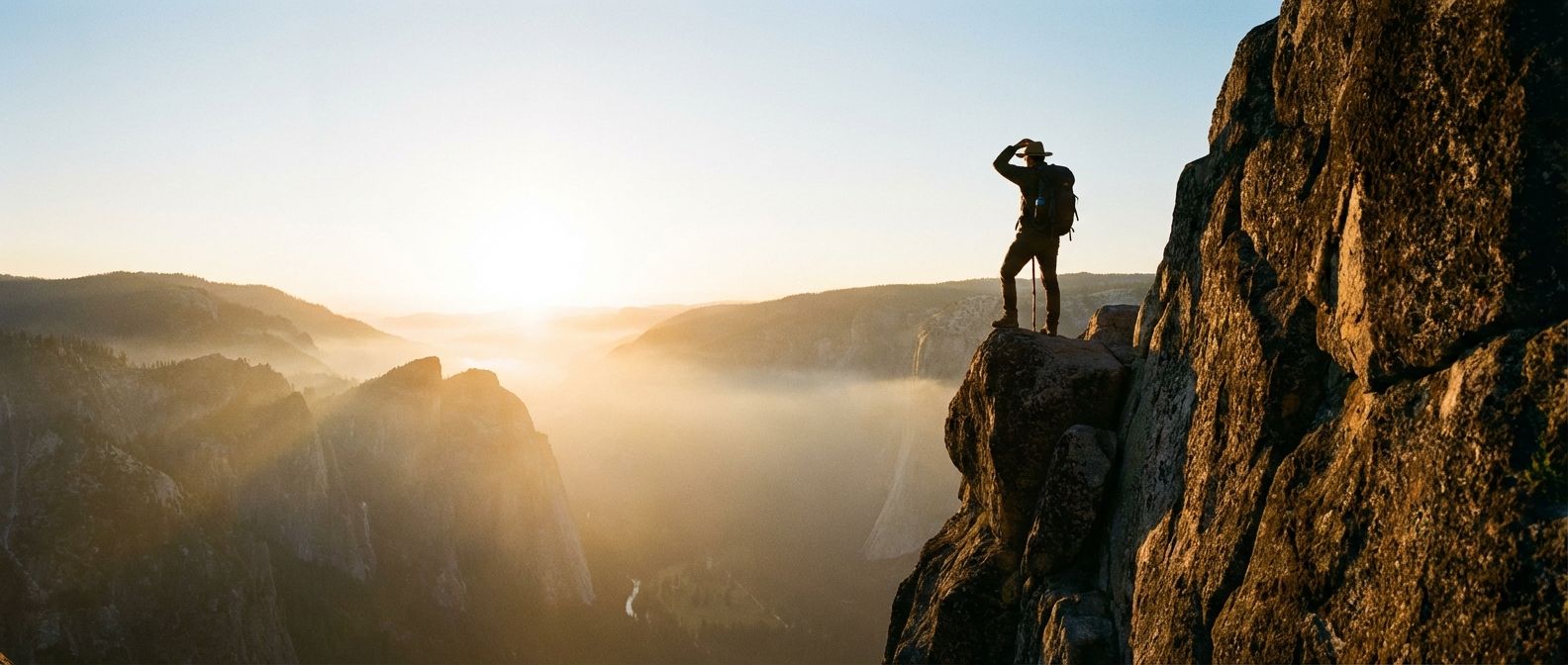A wide-angle photograph of a lone traveler standing on a rugged cliff edge at dawn, looking out over a vast, misty valley toward a glowing sun on the horizon. The lighting is warm and golden, capturing a sense of anticipation and the start of a long journey.