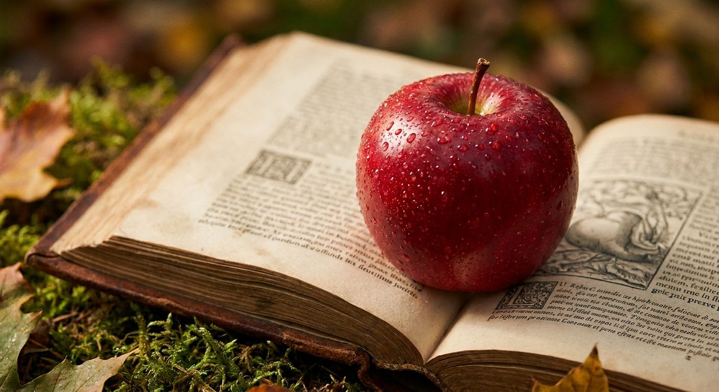 A close-up, dramatic photograph of a single, perfectly ripe red apple, glistening with dew, resting on the open pages of an antique, leather-bound book. The apple is in sharp focus, its vibrant color contrasting with the warm, aged tones of the book, which is slightly blurred in the background.