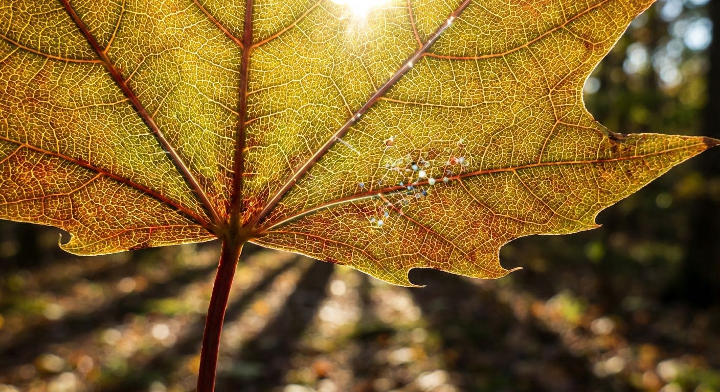 An extreme close-up, vibrant photograph of a leaf's intricate vein structure, with bright sunlight filtering through, creating a dramatic interplay of light and shadow. The detailed, branching patterns evoke the fundamental building blocks and interconnected chains of naturally occurring polymers in living organisms.