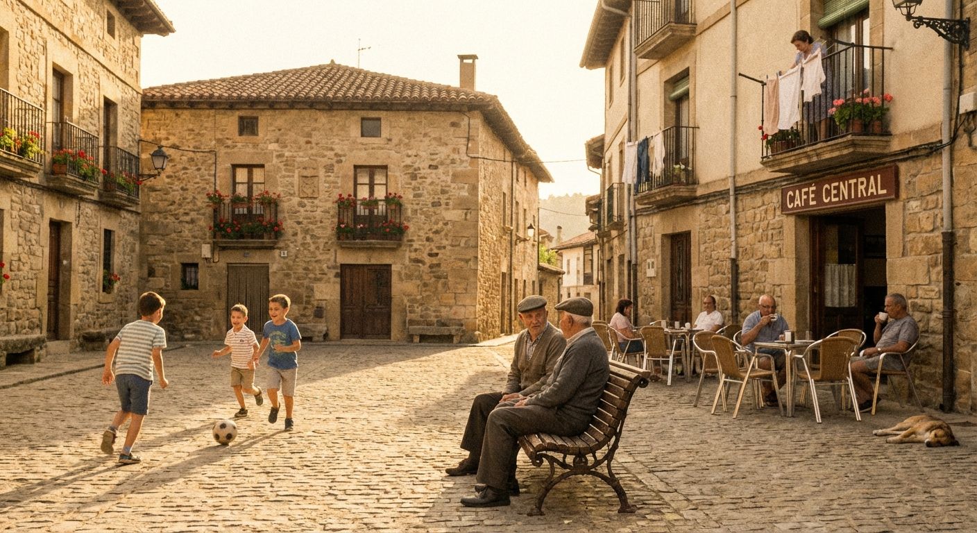 A warm, sun-drenched photograph of a tranquil cobblestone plaza in a small Spanish town. The scene captures everyday routines unfolding gently, like children playing or friends conversing at a cafe, evoking a sense of cherished memories and what "used to happen" long ago.