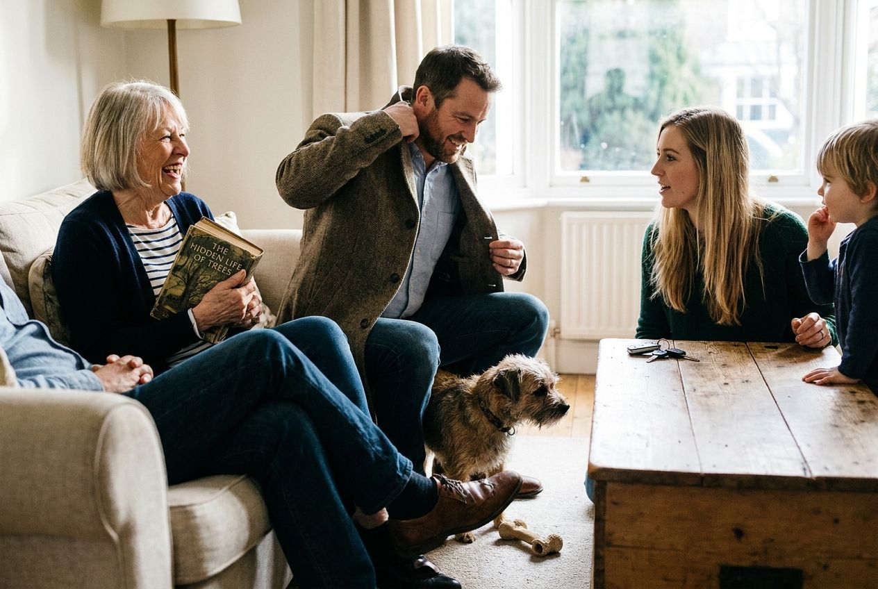 A warm, inviting photograph of a diverse group of friends or family members in a sunlit living room. Each person is clearly interacting with a distinct personal item: one individual holds a well-loved book, another is putting on a stylish coat, a third has a set of car keys resting on a table beside them, and a playful dog sits by its owner's feet. The composition highlights individual ownership within a shared space, captured with natural light and a shallow depth of field in a 3:2 landscape.