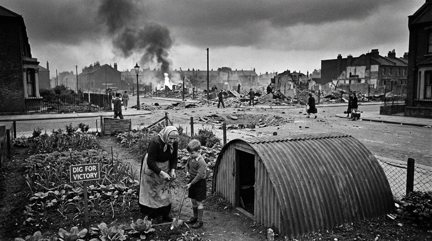 A dramatic, wide-angle photograph capturing a street scene in East London during the Blitz. In the foreground, an elderly woman in a headscarf and a young boy are carefully tending a small 'Dig for Victory' vegetable patch, with a corrugated iron Anderson shelter partly visible in their garden. In the midground, the street shows signs of recent bombing, with rubble and a distant plume of smoke, under a moody, overcast sky, emphasizing resilience amidst destruction.