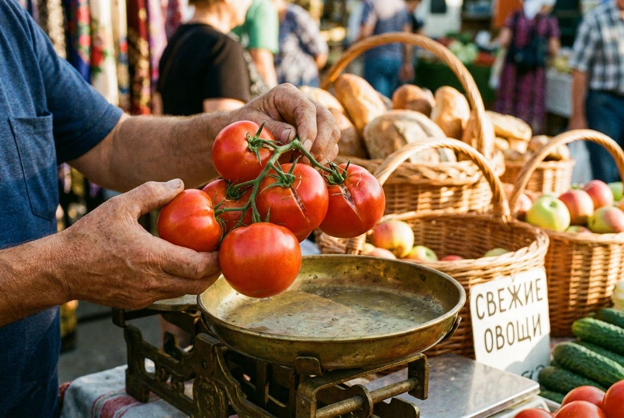 A vibrant close-up photograph of a vendor's hands at a bustling Russian outdoor market, holding a bunch of fresh, ripe red tomatoes over a vintage brass scale. In the blurred background, colourful baskets overflow with fresh bread, apples, and cucumbers, bathed in warm morning light, 3:2 landscape.
