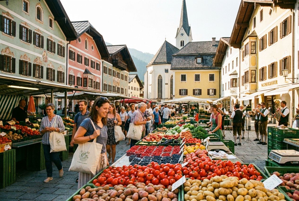 A vibrant outdoor market scene in a picturesque Austrian town square, bustling with people. Stalls are filled with colorful fresh produce like red tomatoes and potatoes, and shoppers carry canvas bags. The atmosphere is lively and inviting under warm, natural sunlight, captured in a vivid 3:2 landscape photograph.