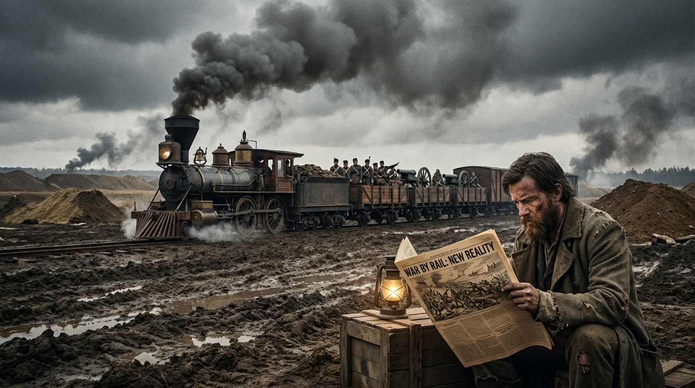 A dramatic, wide-angle photograph set in a 19th-century battlefield. In the mid-ground, a powerful steam locomotive pulls a train laden with British soldiers and heavy artillery across a vast, muddy landscape under an overcast sky. In the foreground, a Victorian-era war correspondent, illuminated by a flickering lantern, intently studies a freshly printed newspaper featuring a stark war image, conveying the new reality of industrialised conflict brought home by media.