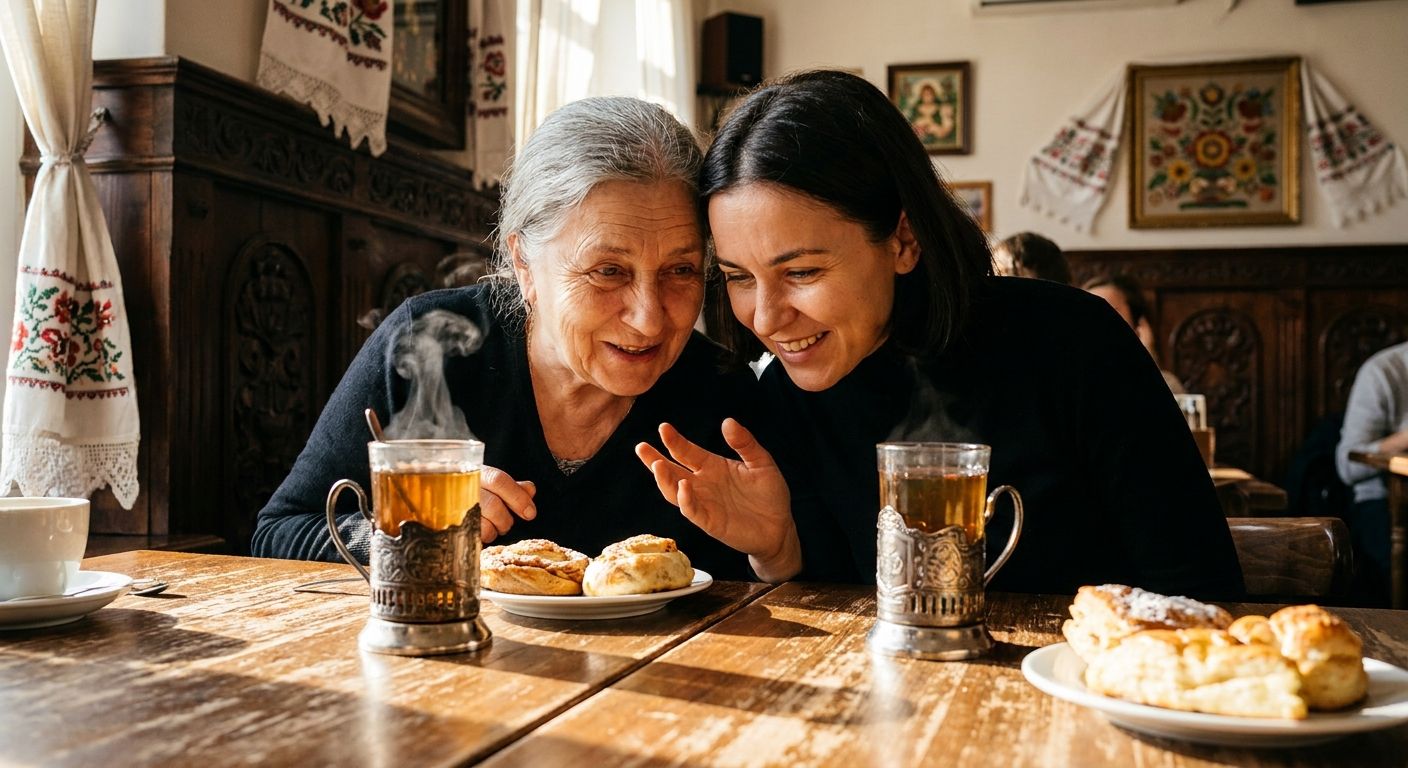 A vibrant, low-angle close-up photograph of two women, one older and one younger, intensely focused in an animated conversation over steaming tea in a traditional Russian cafe, warm light from a window illuminating their expressive faces and subtle hand gestures. Rich, dark wood and ornate, blurred patterns of Russian decor fill the background, emphasizing the intimate moment.