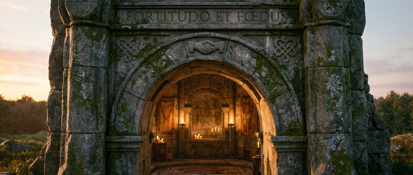 A wide, horizontal shot of a grand, ancient stone archway, possibly leading into a softly lit, traditional interior space. The archway stands strong and weathered, symbolizing enduring commitment and the sacred covenant of marriage. Soft, warm light filters through, highlighting textures and a sense of solemn reverence.