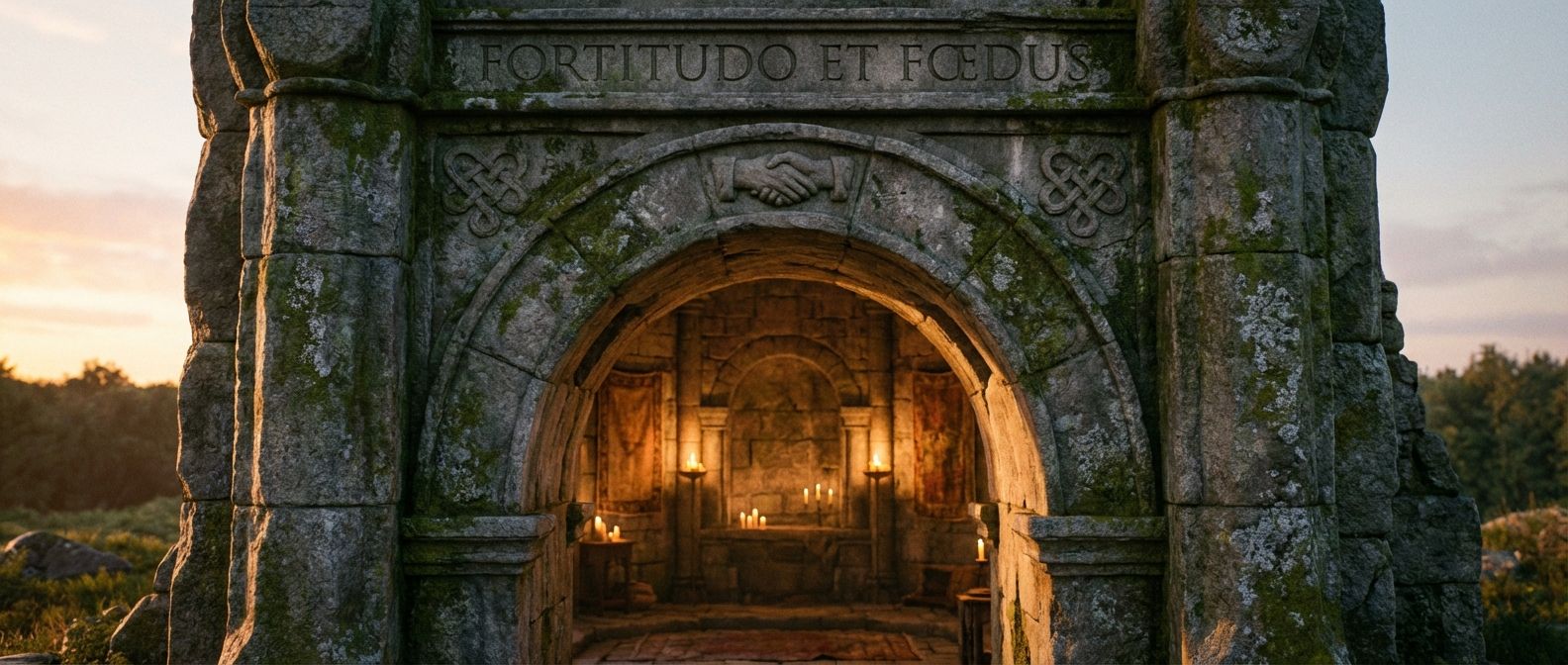 A wide, horizontal shot of a grand, ancient stone archway, possibly leading into a softly lit, traditional interior space. The archway stands strong and weathered, symbolizing enduring commitment and the sacred covenant of marriage. Soft, warm light filters through, highlighting textures and a sense of solemn reverence.