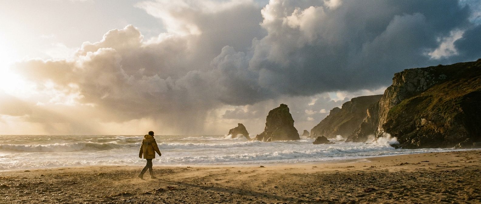 A dramatic wide-angle photograph of a person in a light jacket walking along a windswept, rugged beach on the coast of Brittany, France. Golden hour sunlight breaks through dramatic clouds, illuminating crashing waves and the distant cliffs, capturing the essence of changeable coastal weather.
