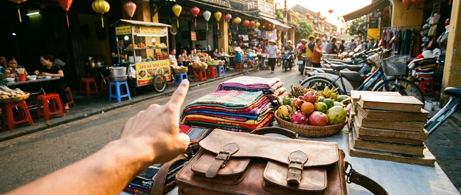 A vibrant wide-angle photograph of a person's hand pointing towards a selection of diverse objects at varying distances within a bustling market scene. In the foreground, a single, distinct item is visible, while in the mid-ground and background, groups of items and individual objects are arranged, illustrating concepts of proximity and quantity. The scene is bathed in warm, natural light.