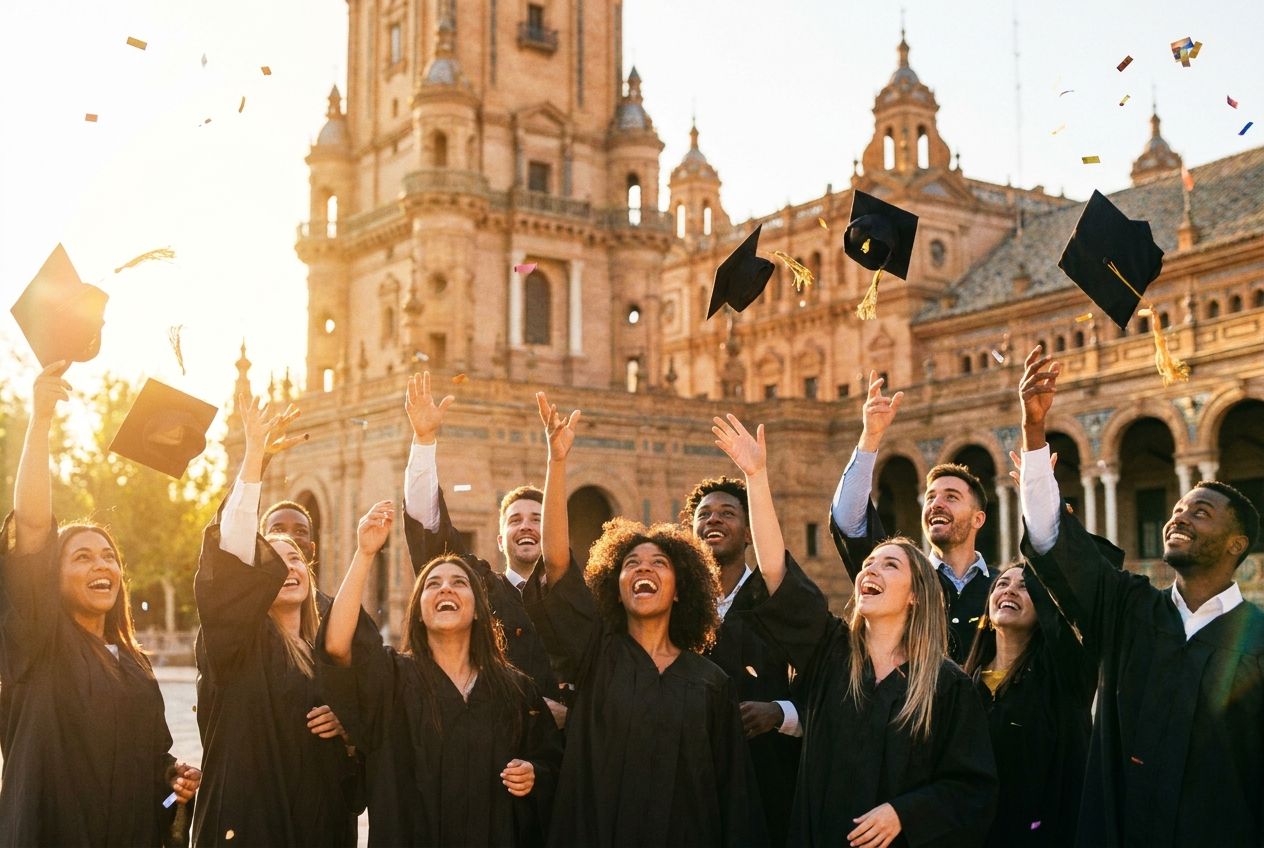 A group of diverse, joyful students in graduation caps and gowns celebrating by throwing their caps into the air, with a grand, historic Spanish university building as a blurred backdrop. The scene is bathed in warm, golden hour sunlight, capturing a moment of academic achievement and excitement in a 3:2 landscape photograph.