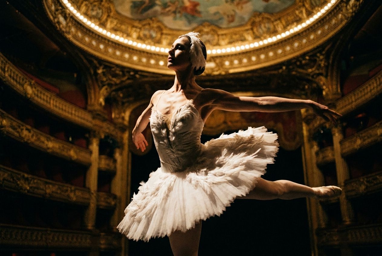 A dramatic mid-shot of a prima ballerina in a white swan costume, poised mid-leap on a grand, dimly lit stage with gilded architectural details in the blurred background. Warm spotlight highlights her elegant form and the intricate details of her costume, creating deep shadows, in a 3:2 landscape art-directed editorial photograph.