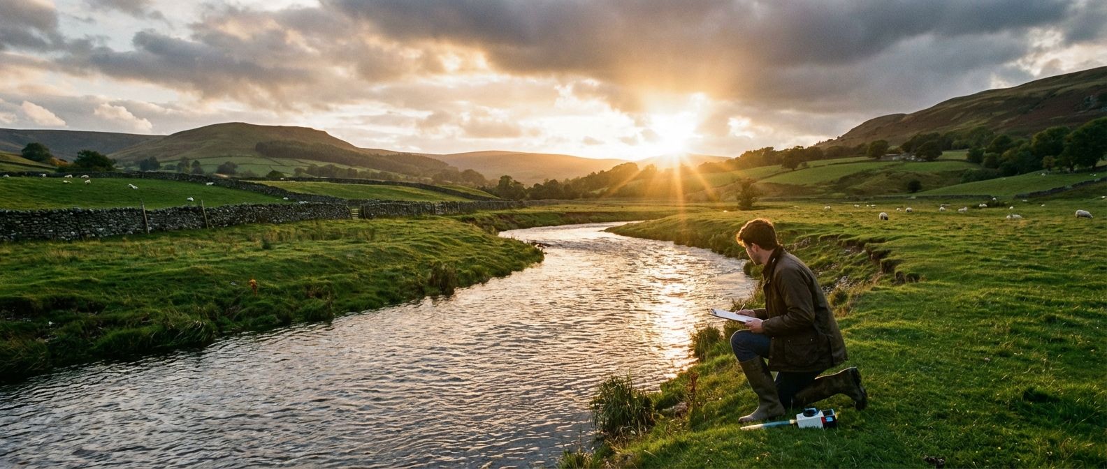 A dramatic wide-angle photograph of a winding river flowing through a lush, green valley in the British countryside. Golden hour sunlight streams through scattered clouds, illuminating the scene. In the mid-ground, a lone figure, appearing to be a student or geographer, stands by the riverbank, holding a clipboard and intently observing the water flow or taking a measurement, conveying a sense of focused enquiry and exploration.