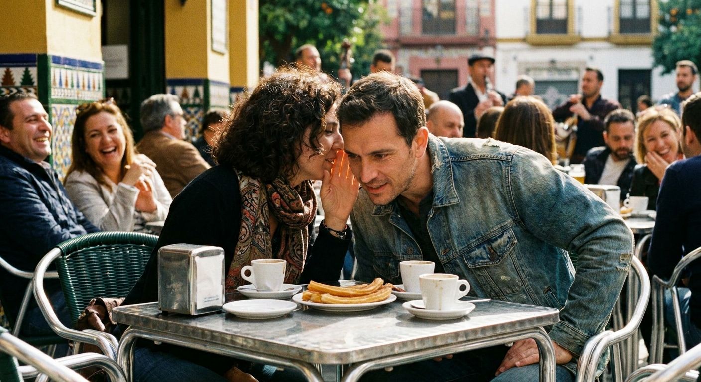 A candid, close-up photograph of two people in a vibrant Spanish cafe or bustling plaza, one person leaning in conspiratorially to share an animated story or secret, while the other listens intently, reflecting the act of reporting spoken information and relaying messages. The scene should be lively, with warm, inviting light.