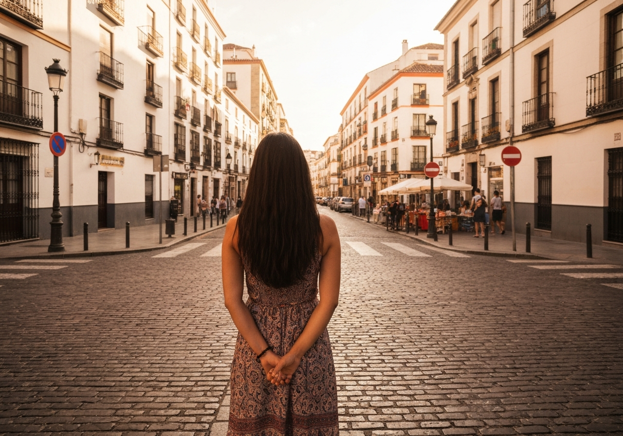 A solitary figure stands at a sun-drenched, historic crossroads in a vibrant Spanish city like Madrid, looking pensively down two diverging cobblestone streets. The scene, bathed in warm golden light, evokes the contemplation of different paths and hypothetical futures.