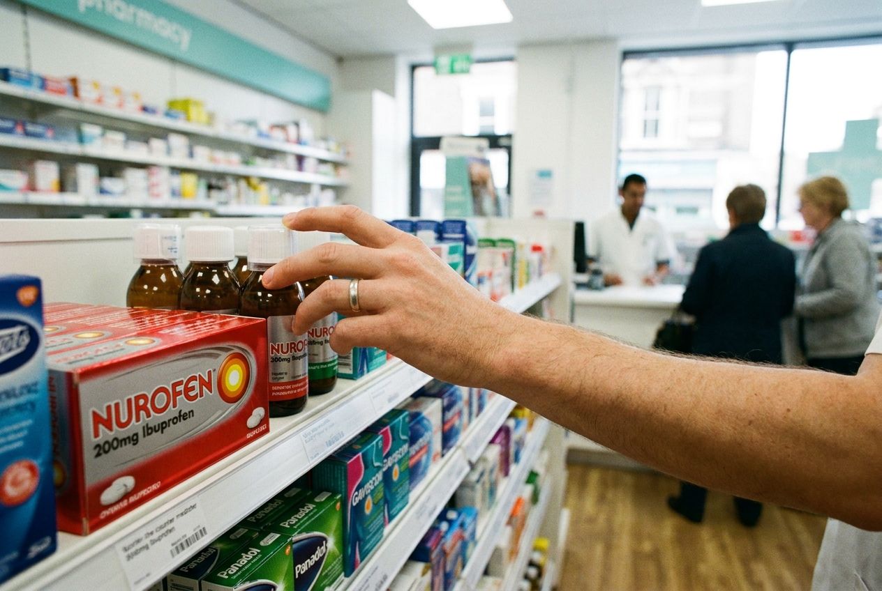 A close-up photograph of a person's hand reaching for a bottle of over-the-counter medicine on a well-stocked shelf inside a bright, modern British pharmacy. The focus is sharp on the hand and the medicine, with the pharmacy interior softly blurred in the background, composed for a 3:2 landscape frame.