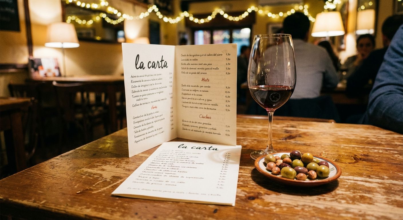 A close-up, eye-level photograph of a rustic wooden table in a Spanish restaurant, featuring an open menu ("la carta"), a half-empty glass of red wine, and a small ceramic plate with some olives. The background is softly blurred, showing warm, inviting restaurant lighting.