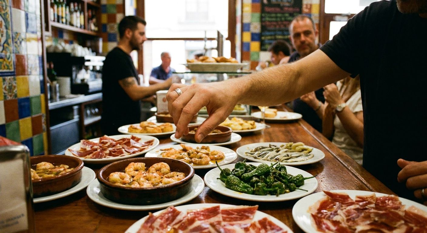 A vibrant, close-up photograph of a person's hand reaching towards an array of diverse, colorful tapas displayed on a counter in a lively Spanish bar, capturing the thoughtful moment of selection and preference.