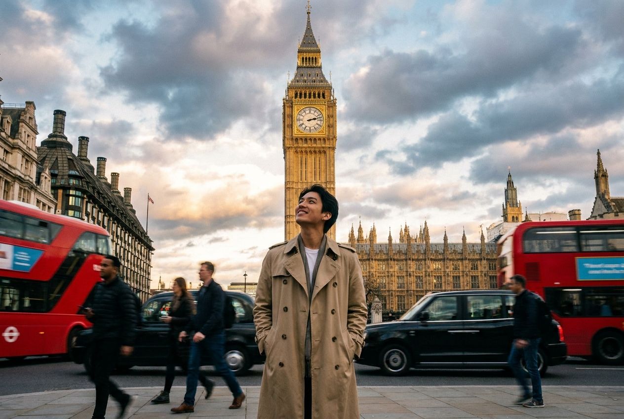 A person stands calmly in front of a grand, iconic British clock tower in a bustling city, looking at the clock face with a relaxed, unhurried expression, conveying a sense of 'I am not late.' The scene is a vibrant, dramatic photograph composed for a 3:2 landscape, with the city's energy subtly blurred in the background.