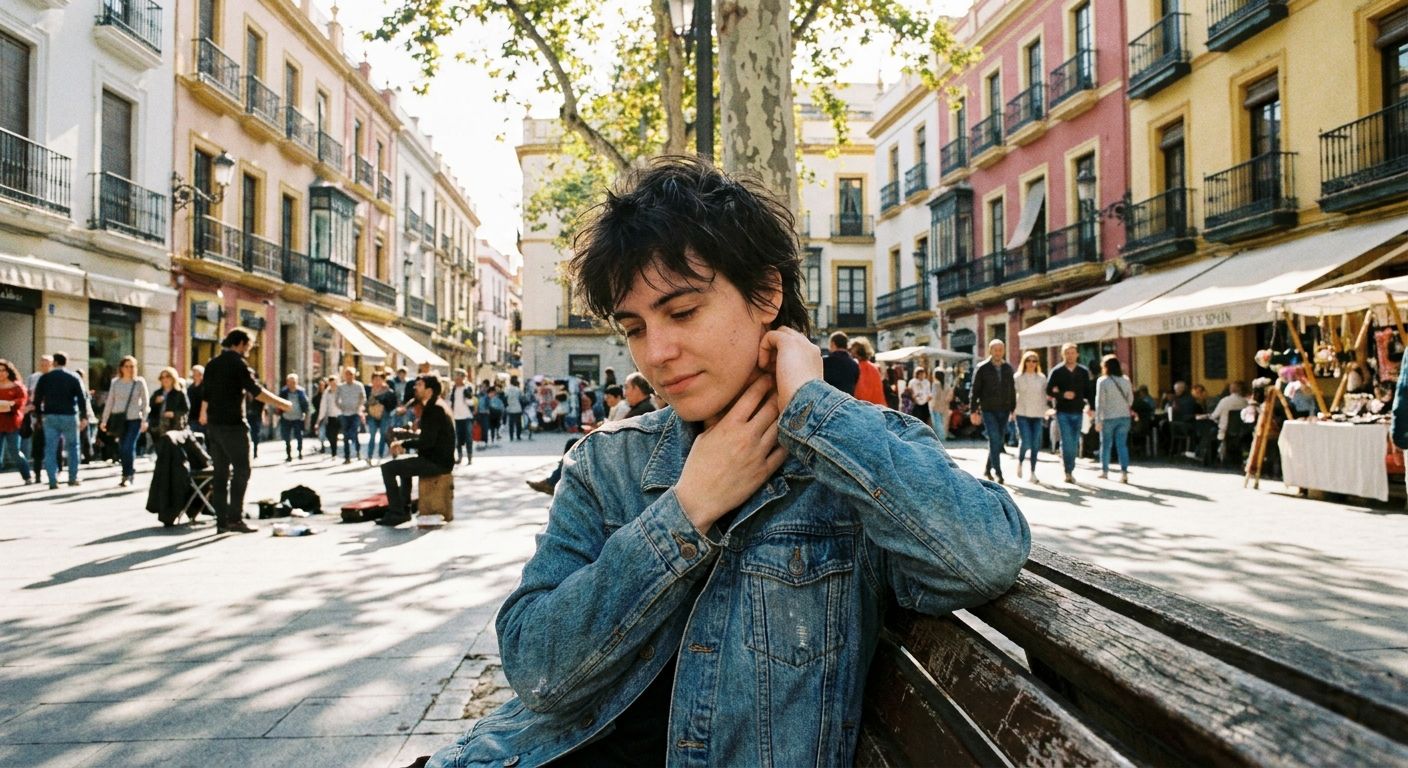 A realistic, vivid photograph of a young adult with a thoughtful, gentle expression, sitting on a bench in a sun-drenched, vibrant plaza in a Spanish-speaking city. One hand is subtly raised towards their temple or neck, hinting at a slight ache or weariness, while their overall posture conveys a sense of quiet contemplation amidst the lively background.