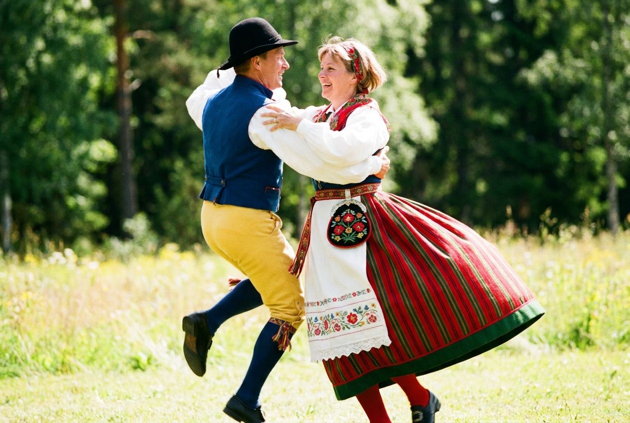 A close-up, dynamic photograph of two people in traditional Swedish folk costumes mid-twirl during a Hambo dance, their movements precise and their positions perfectly synchronized. The vibrant colors of their costumes pop against a blurred natural background, emphasizing the intricate order of their dance in a 3:2 landscape frame.