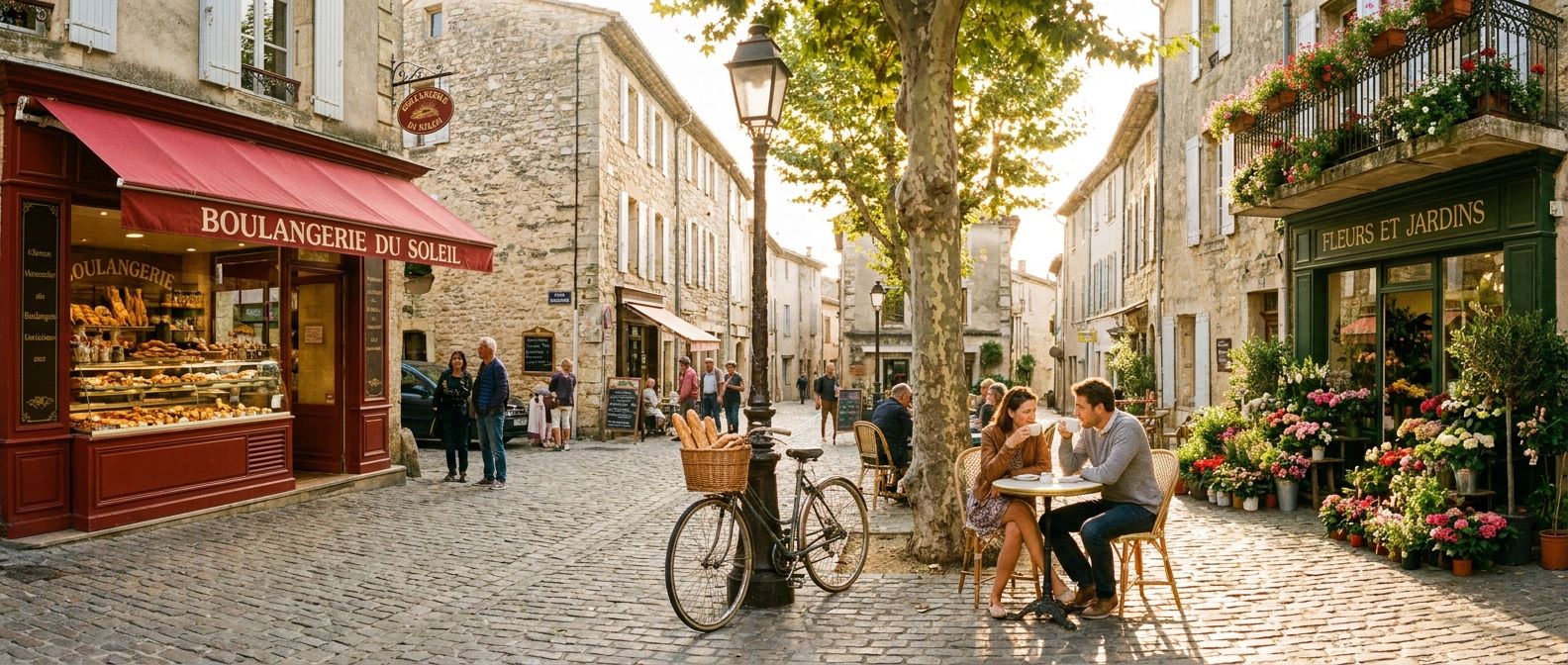A vibrant, wide-angle photograph of a charming street in a picturesque French village. A classic boulangerie with a red awning stands opposite a flower-filled shop, with a vintage bicycle leaning against a lamppost and a couple enjoying coffee at an outdoor cafe table, bathed in warm afternoon light.