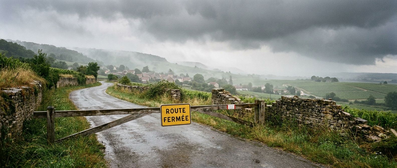 A dramatic, wide-angle photograph of a winding French country road, partially obscured by a temporary road closure barrier and a "Route Fermée" sign, under a moody, overcast sky. The scene is quiet and evocative, emphasizing the state of the road.