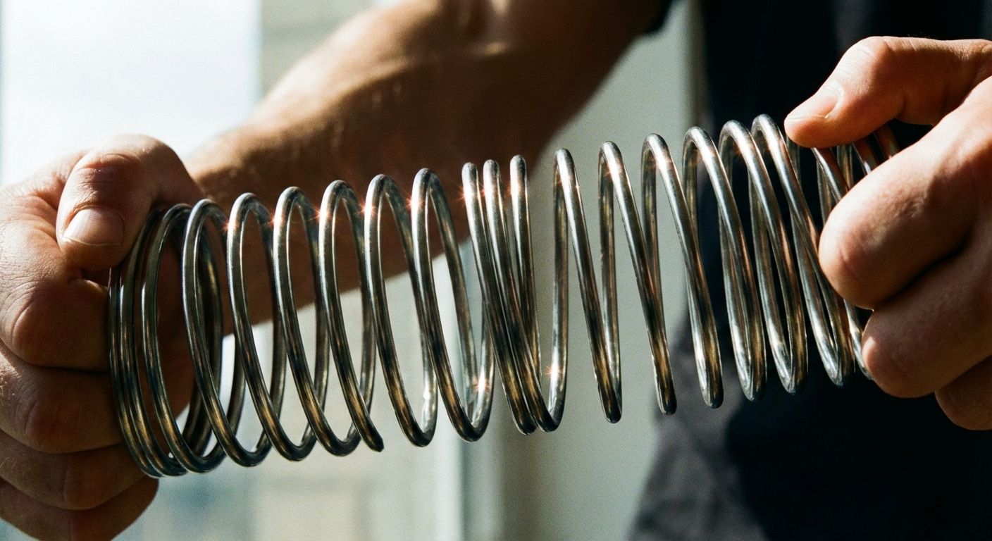 A close-up of a coiled spring being stretched, with light glinting off the metal and highlighting the tension.
