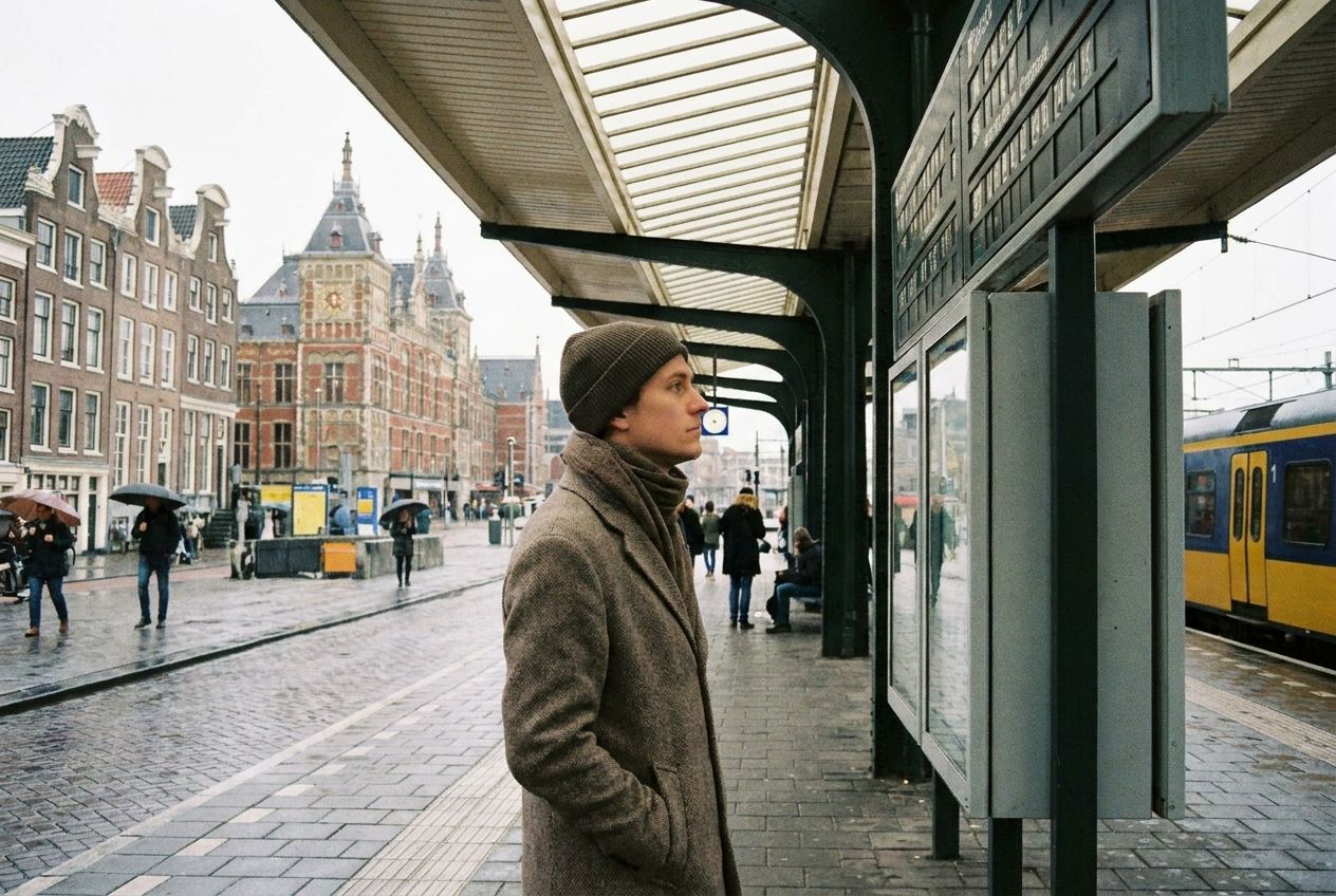 A thoughtful person, bundled in warm clothing, stands on a picturesque train platform in a Dutch city, gazing contemplatively at a departure board or a map. The scene, bathed in soft daylight, features characteristic Dutch architecture in the background, composed for a 3:2 landscape frame.