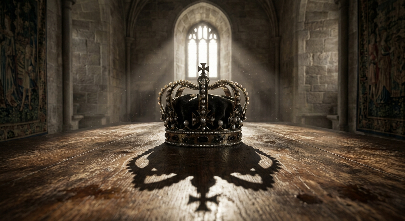 A dramatic, close-up photograph of a heavy, ornate Tudor crown resting on a worn, dark wooden table in a vast, dimly lit hall. Dramatic shafts of light pierce the gloom from a high, unseen window, illuminating dust motes and highlighting the crown's intricate details, casting long, complex shadows across the polished wood, evoking the immense weight of power and the challenges of an era.