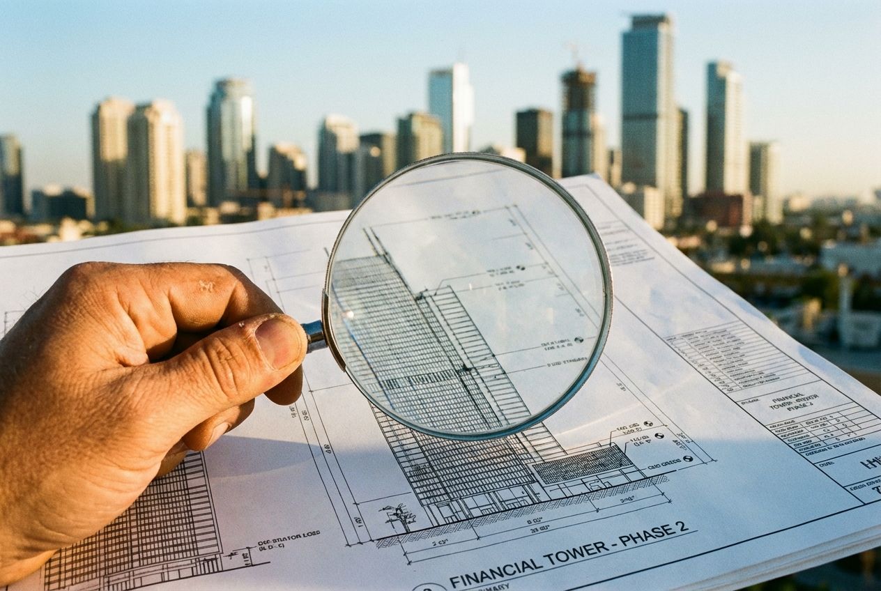 A close-up, dramatic photograph of a hand holding a magnifying glass over a detailed architectural blueprint for a grand, modern building project. The focus is sharp on the intricate lines and figures of the blueprint, while in the slightly blurred background, a vibrant, thriving cityscape under a clear sky symbolizes successful business development and financial growth, composed for a 3:2 landscape frame.