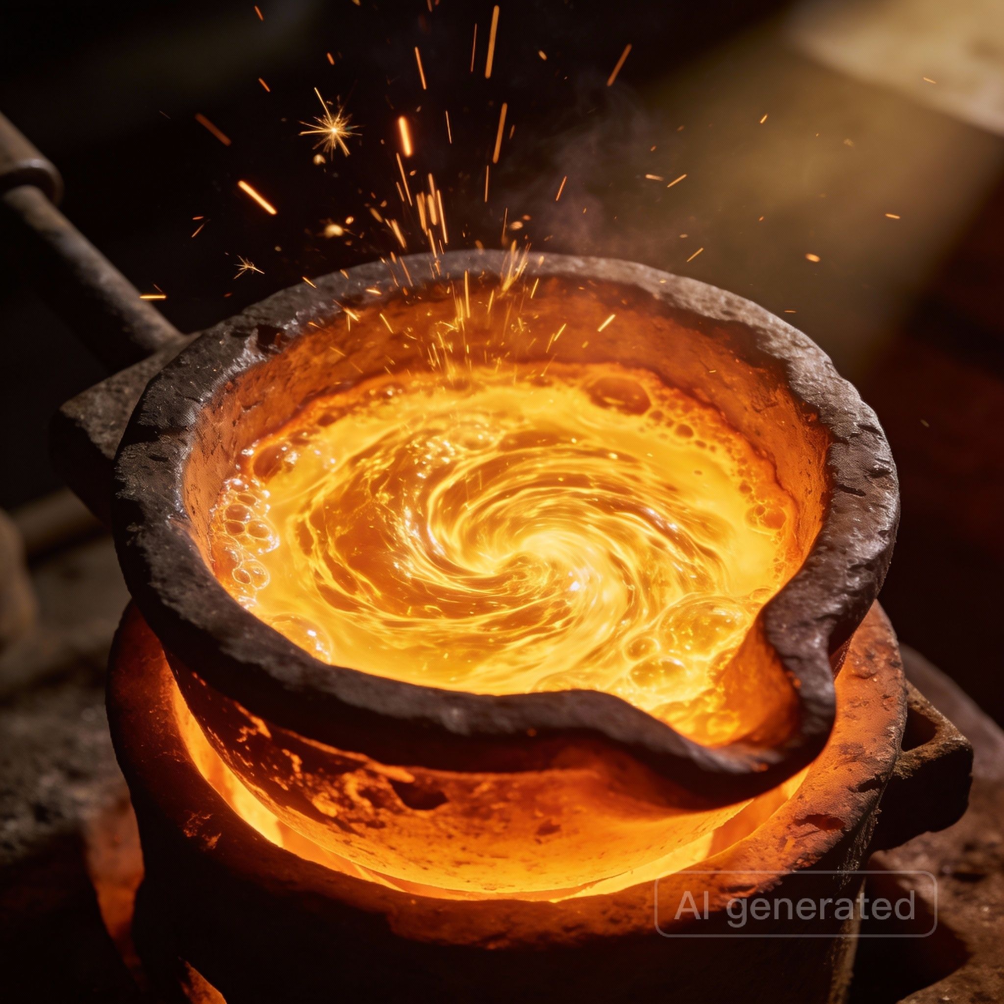 A close-up shot of a glowing crucible containing molten metal, with sparks flying and dramatic lighting, to visualize the energy involved in chemical reactions.