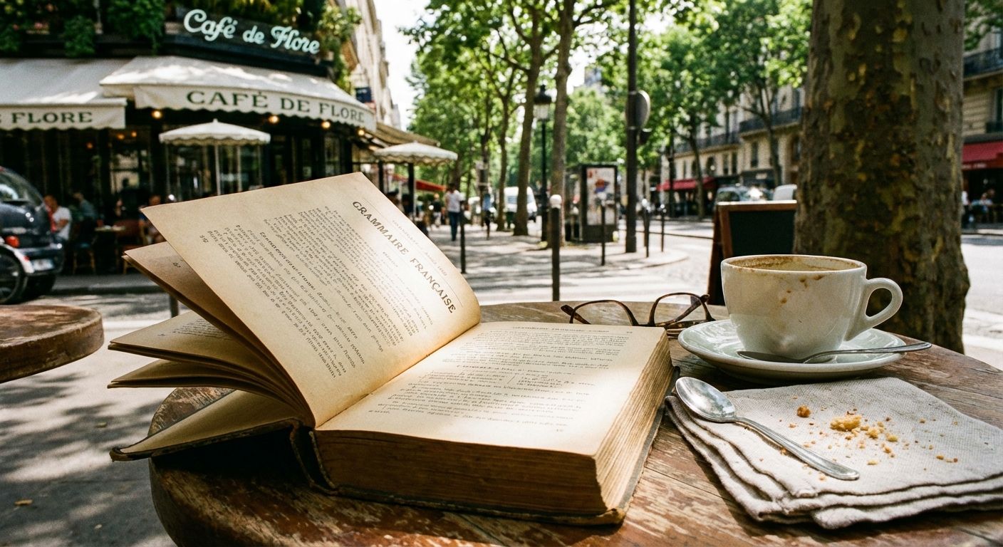 The image captures a charming scene at an outdoor cafe, reminiscent of a vintage postcard. The main focus is a thick, aged book titled "Grammaire Française" open on a weathered wooden table. A cup of coffee with a saucer and spoon sits nearby, alongside a linen napkin with crumbs, suggesting a recent indulgence.  Eyeglasses rest near the book.

In the background, "Café de Flore" is partially visible with its white awnings and greenery. Further behind, a Parisian street scene unfolds with trees, street lamps, and pedestrians, creating a sense of depth. The color palette is warm, with a focus on browns, creams, and soft greens. The overall style evokes nostalgia and a love for classic literature and Parisian culture.