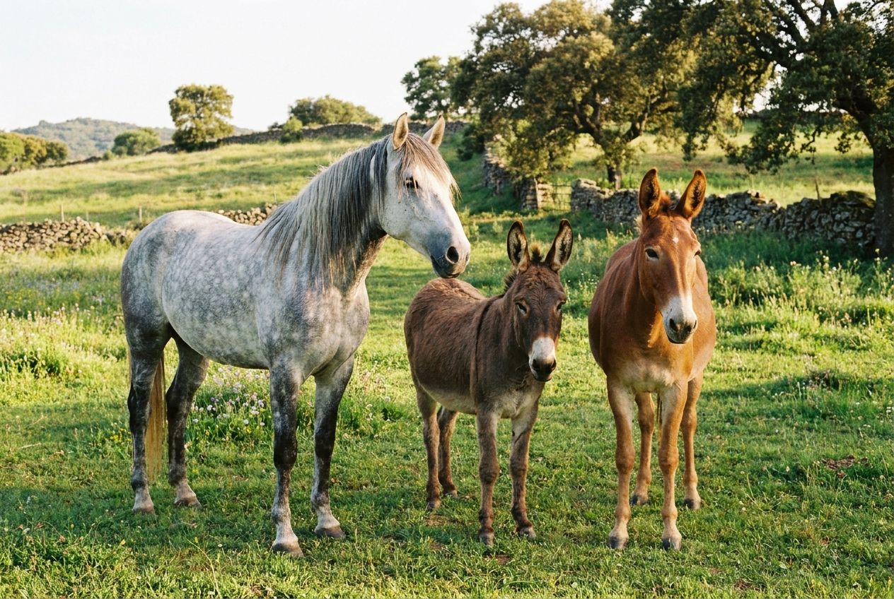 A serene outdoor photograph of a majestic horse, a sturdy donkey, and a distinct mule standing together in a sun-drenched, green pasture, clearly showcasing their individual characteristics and subtle differences in a 3:2 landscape frame.