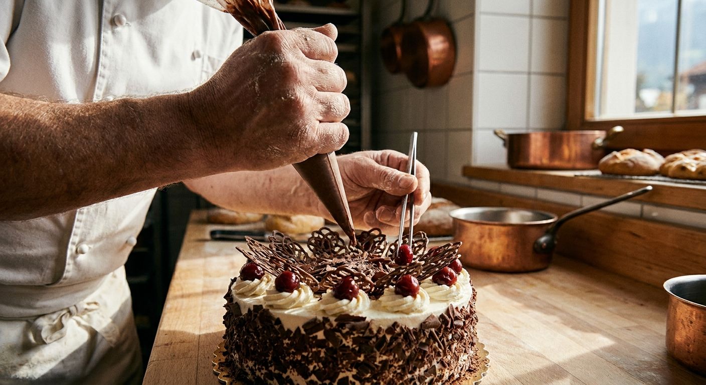 A close-up, dramatic photograph of a baker's hands meticulously decorating a traditional German Black Forest cake with intricate patterns, emphasizing precision and craftsmanship. The scene is set in a warm, inviting German bakery, bathed in soft, natural light.