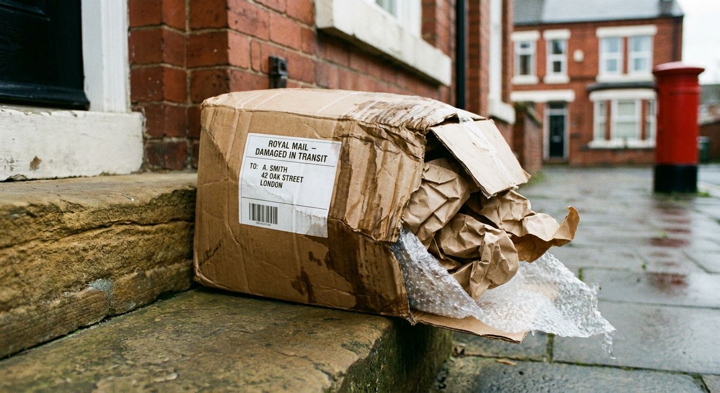 A striking, close-up photograph of a visibly damaged cardboard delivery parcel, with a corner ripped open and some crumpled paper packaging spilling out. The parcel rests on a worn stone doorstep of a traditional British house, with a subtly blurred background of a typical residential street and a red brick wall, captured in natural daylight.